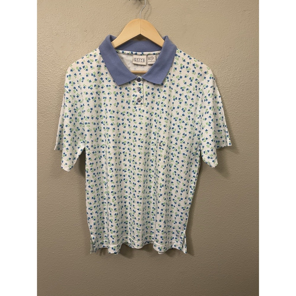 Vintage Laura Gayle NEW Ditzy Floral Polo Shirt White Blue Cottage‎ Country Sz L